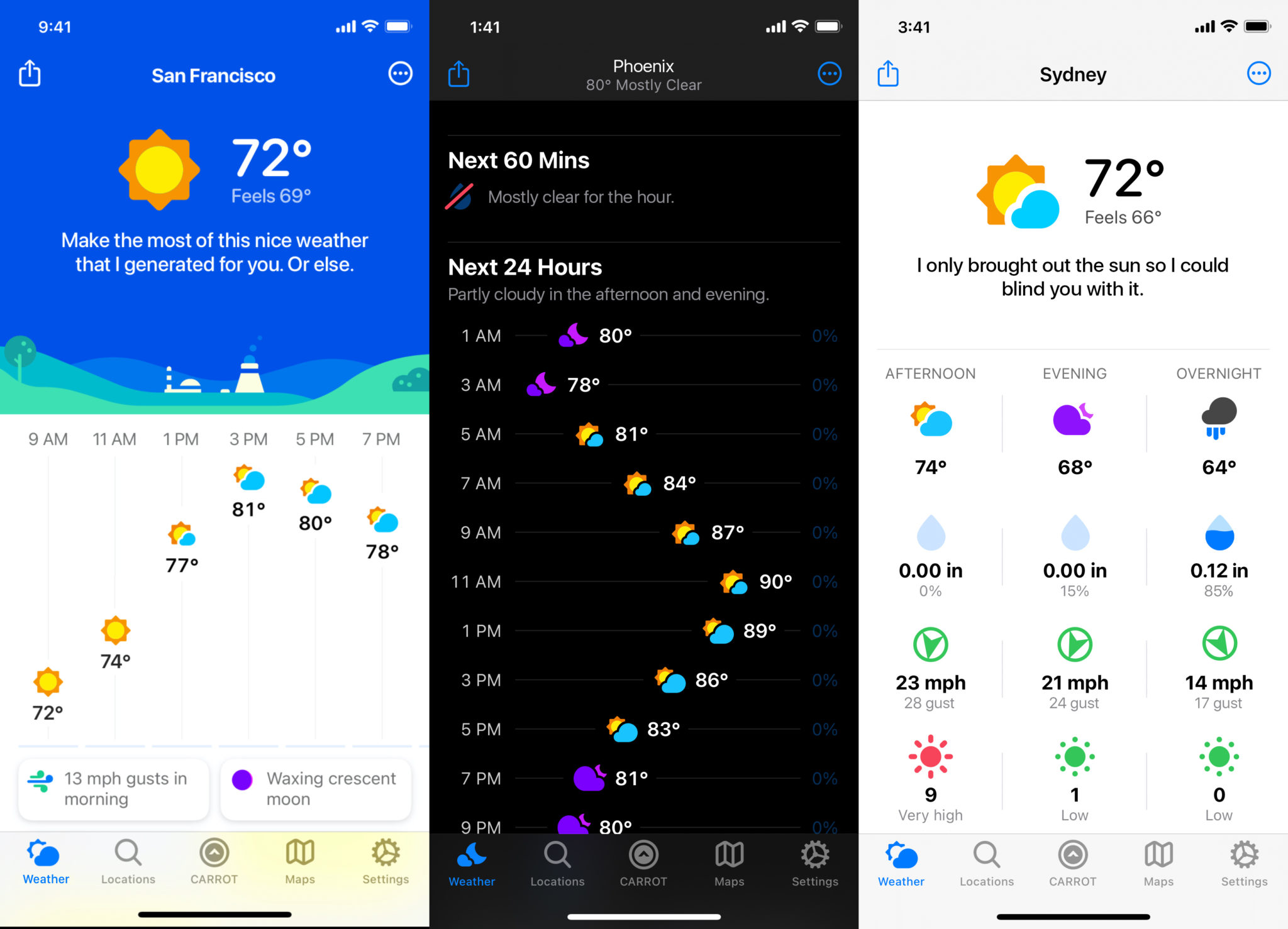 CARROT Weather 5 forecasts, snark and customization TapSmart