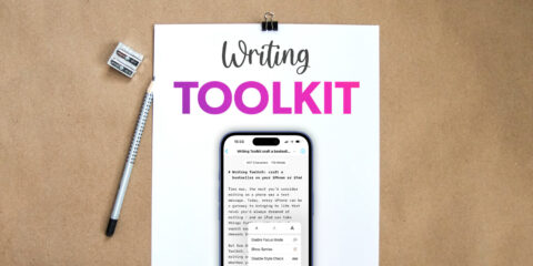 Writing toolkit lead image – a phone running iA writer atop a notepad