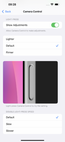 Camera Control accessibility settings
