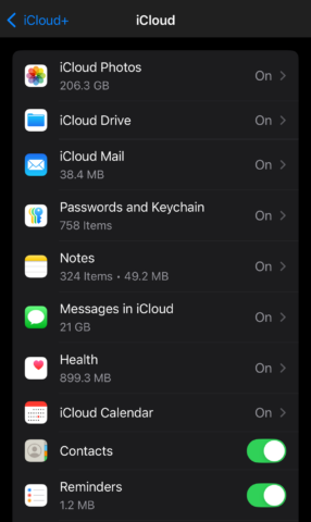 iCloud storage toggles.