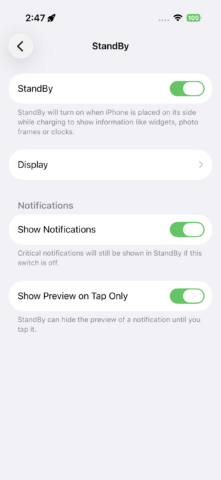 StandBy settings
