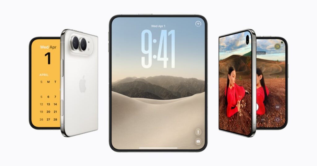 Three iPhone Duo phones: one closed with a yellow calendar screen, one open showing a 9:41 lock screen, one open showing a photo in the Camera app