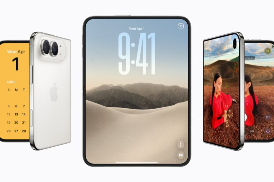Three iPhone Duo phones: one closed with a yellow calendar screen, one open showing a 9:41 lock screen, one open showing a photo in the Camera app