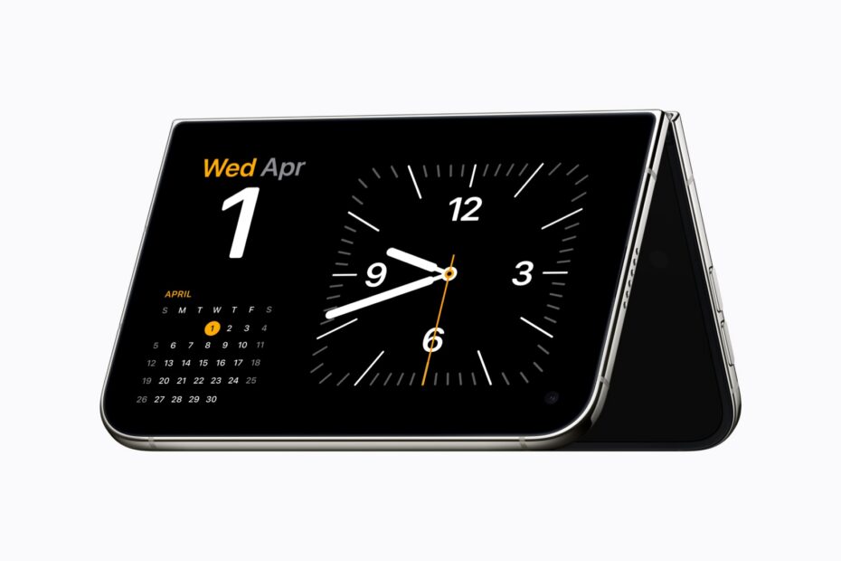 iPhone Duo folded into a tent showing a StandBy clock and calendar